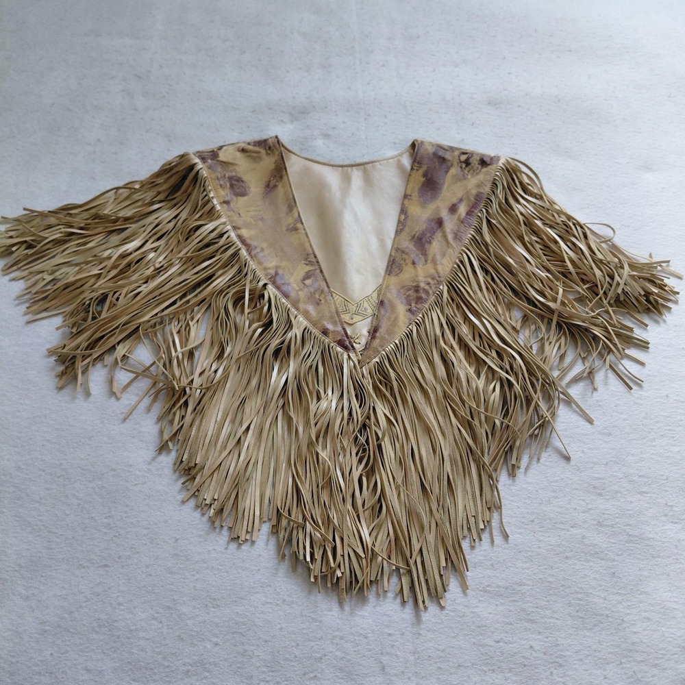 Vintage Western Fringe Shawl Cape Tan Leather Print Brown One Size Beaded Boho